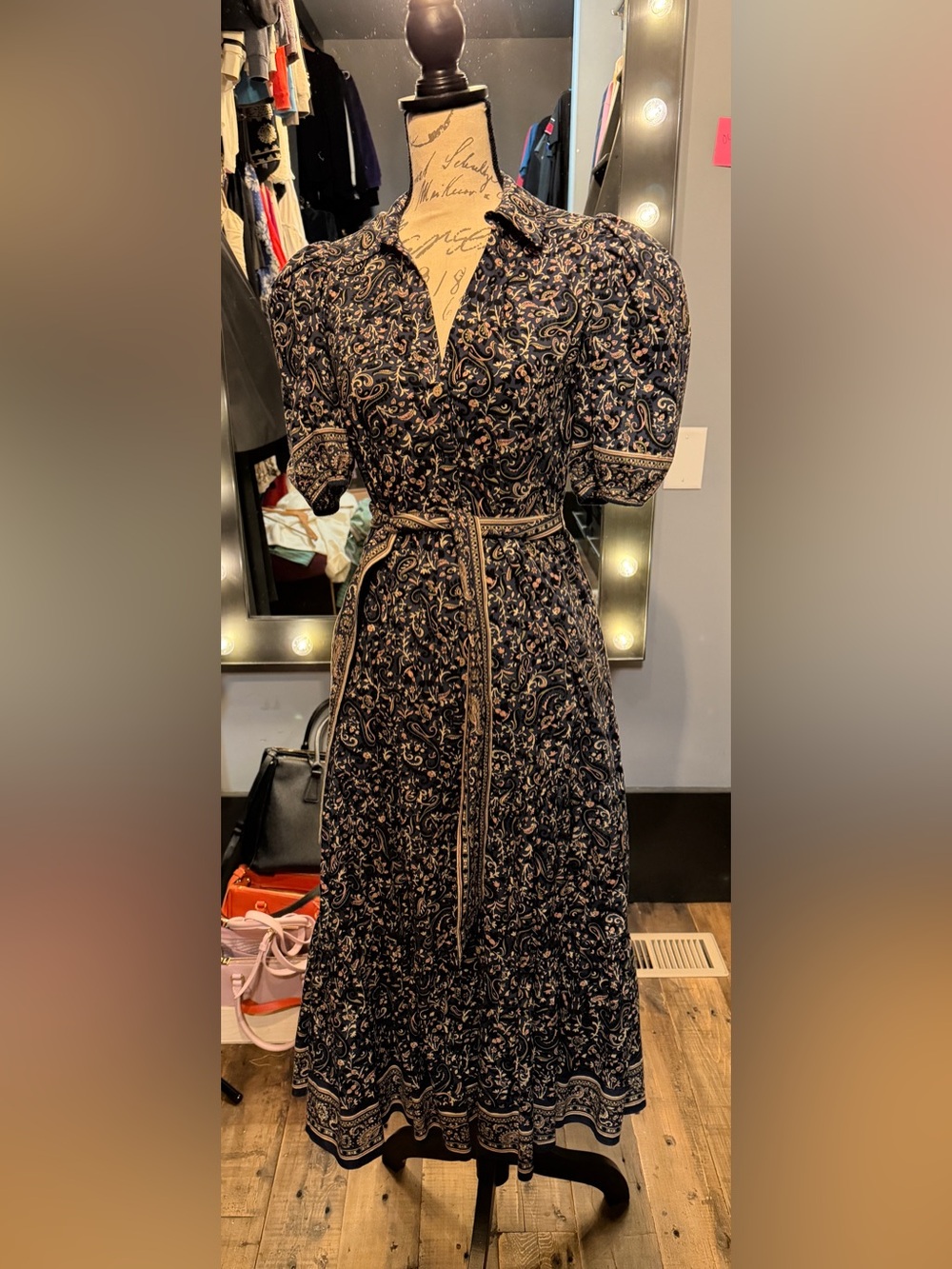 Veronica Beard Navy Paisley Shirt Midi Dress with Puff Sleeves